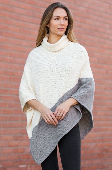 Overland By Indigenous Two-Tone Organic Cotton Poncho OS Creme Grey Boho Cottage