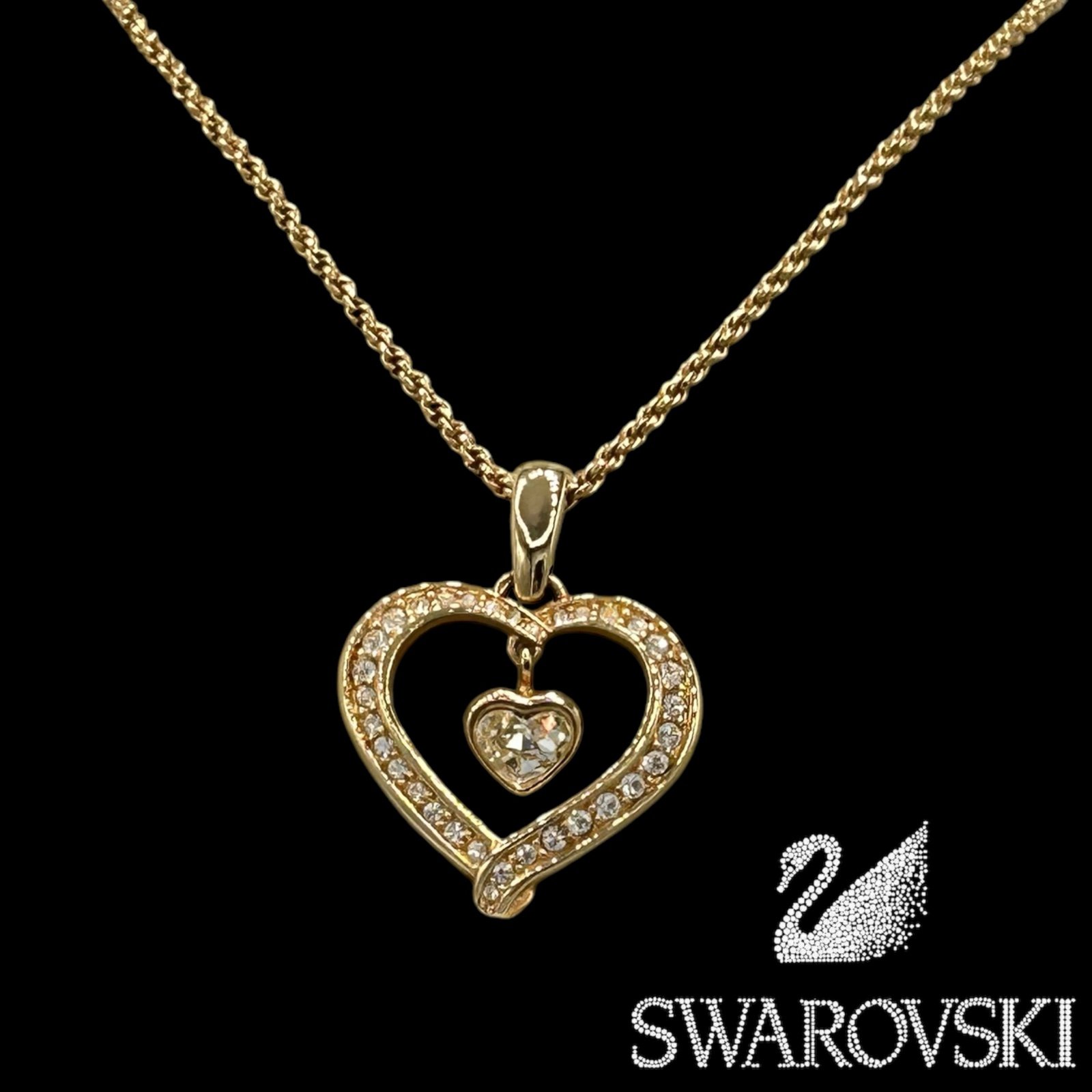 Beautiful Swarovski Crystal Gold Tone Jeweled Double Heart Pendant Necklace
