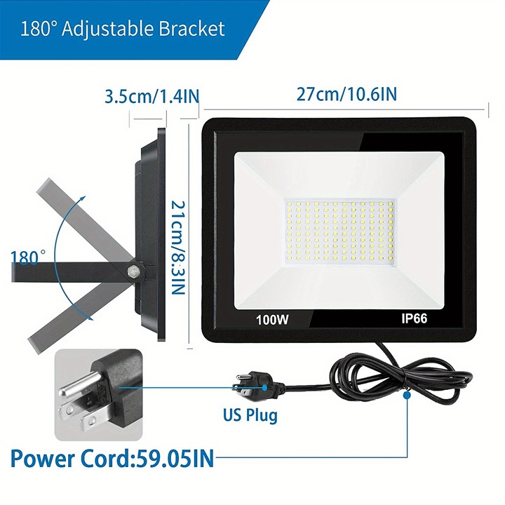 1 Pack 100W LED Flood Light Outdoor, Floodlight Fixture With Plug In IP 66