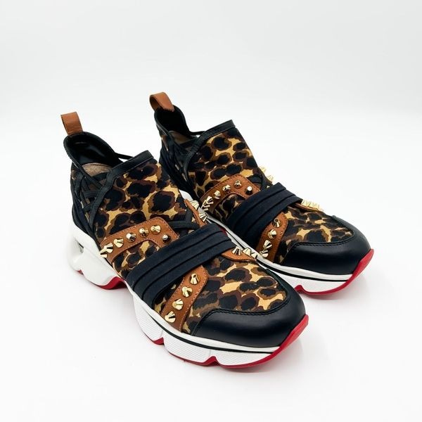 Christian Louboutin 123 Run Spike Leopard Slip On Sneaker Tennis Shoes 38, 8