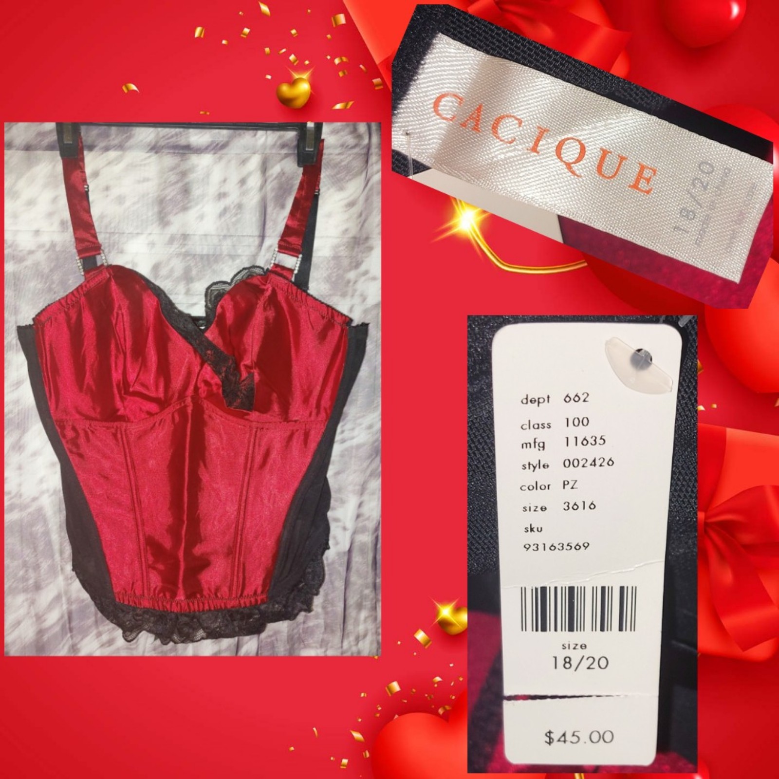 Cacique brand Red & Black Colorblock Lightly Lined Bustier Sz 18/20