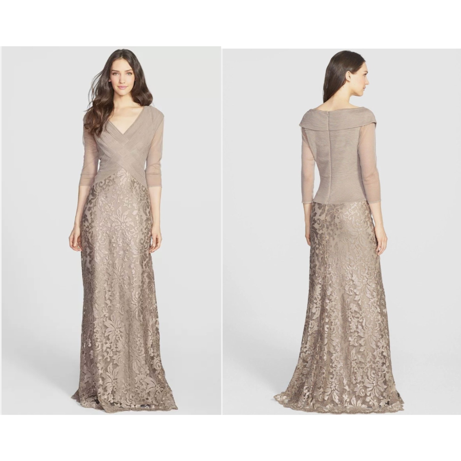 Tadashi Shoji Sequin Lace Gown Wrap Sheer Mother of Bride Dress Sz 2 Gold Tan