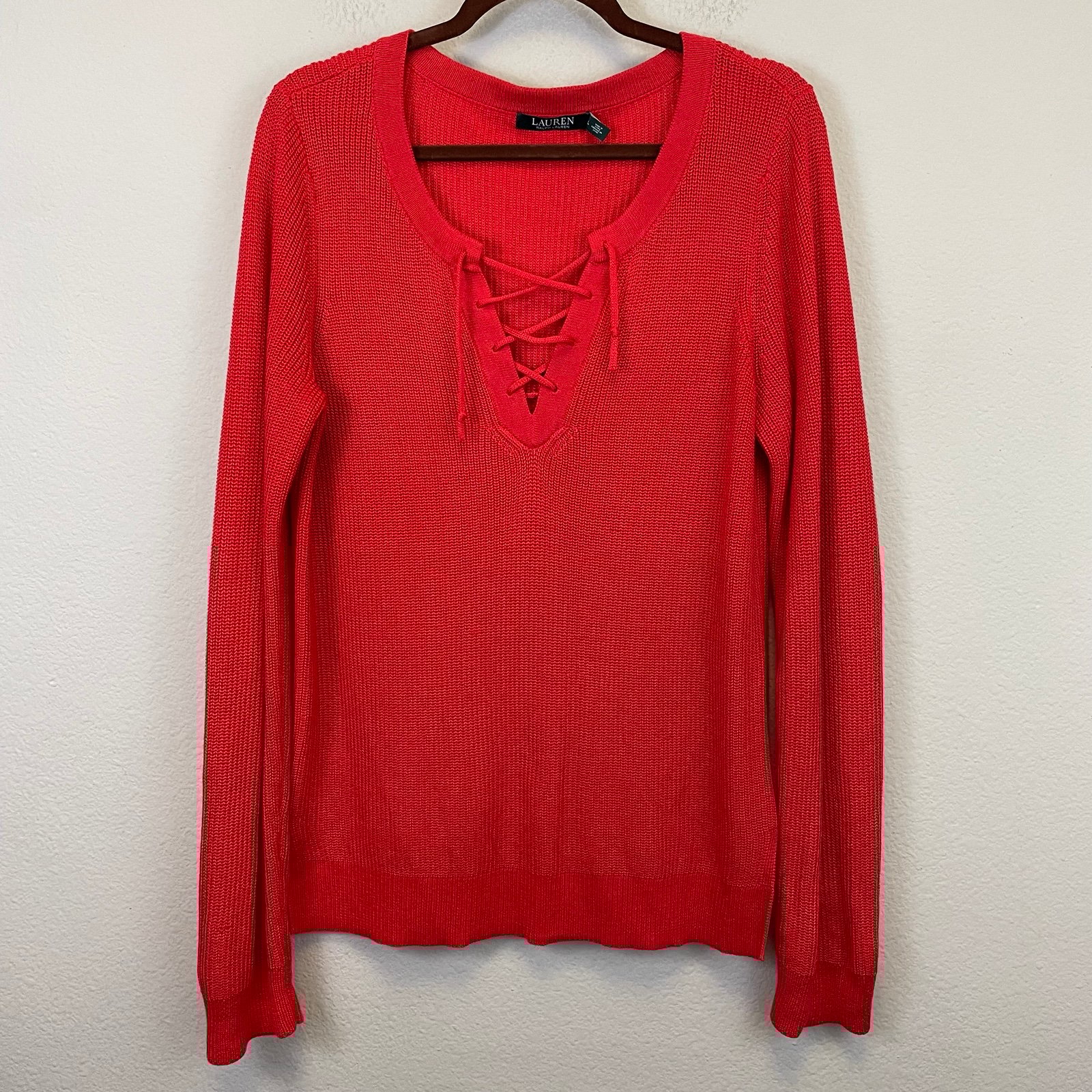 Lauren Ralph Lauren Lace Up Pullover Knit Sweater Size L