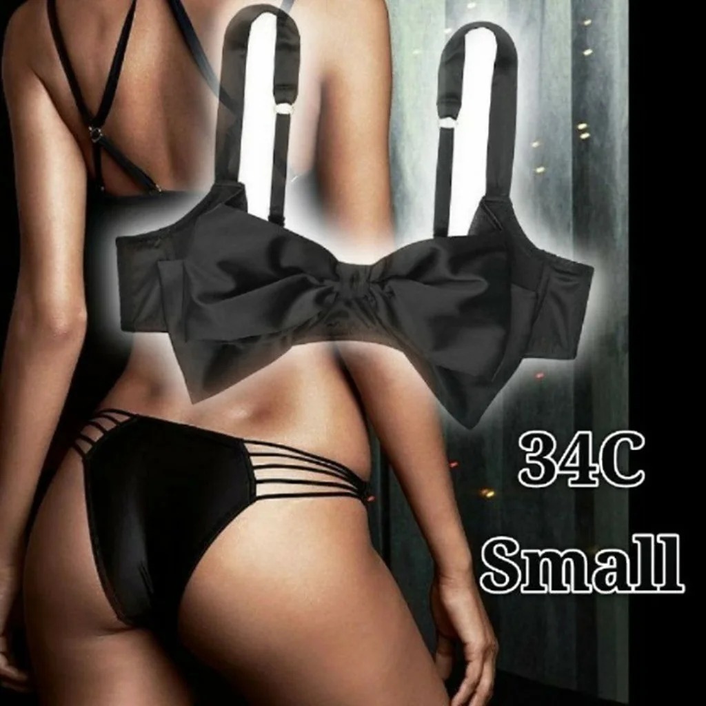 NEW 34C-S VS Bow Unlined Bra + Cheekini Strappy Panty Set