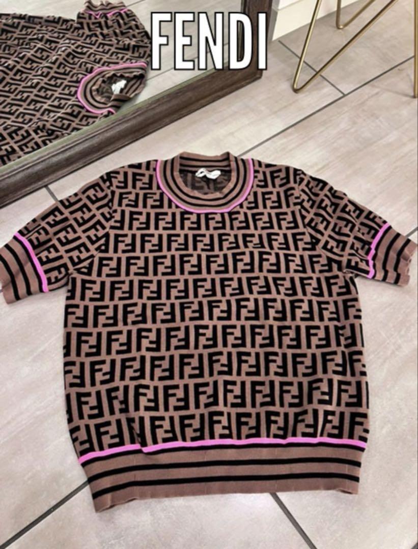 FENDI (フェンディ) FF Knit Short Sleeve Logo Women's XS