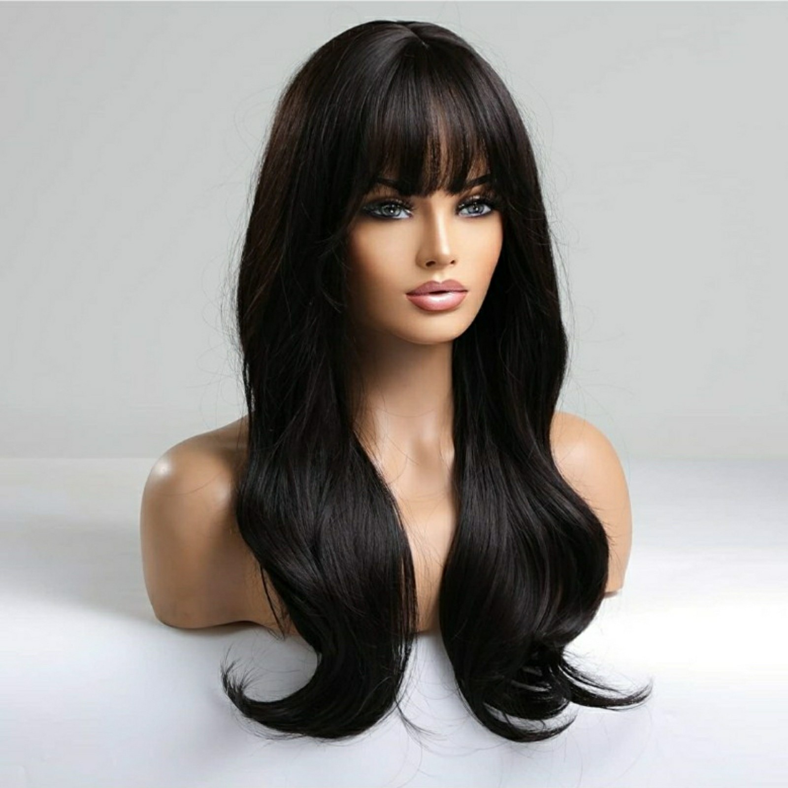 Black Wig with Bangs Long Layered Wavy Curly Shag human synthetic hair blend