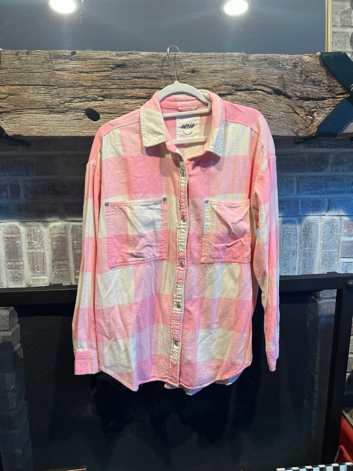 Aerie flannel pink plaid button up women’s small oversized