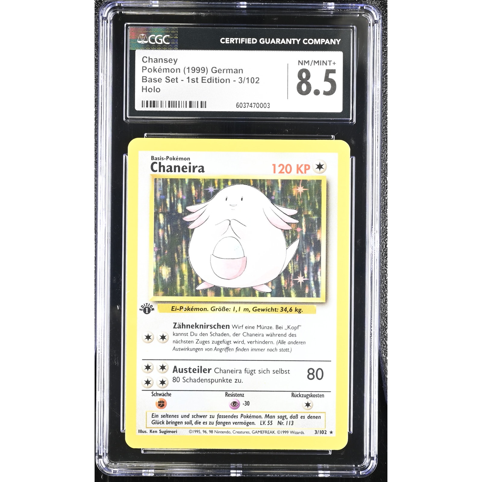 CGC 8.5 NM/MINT+ Chansey Chaneira 1st Edition 2/102 German Base Set (PSA/BGS)