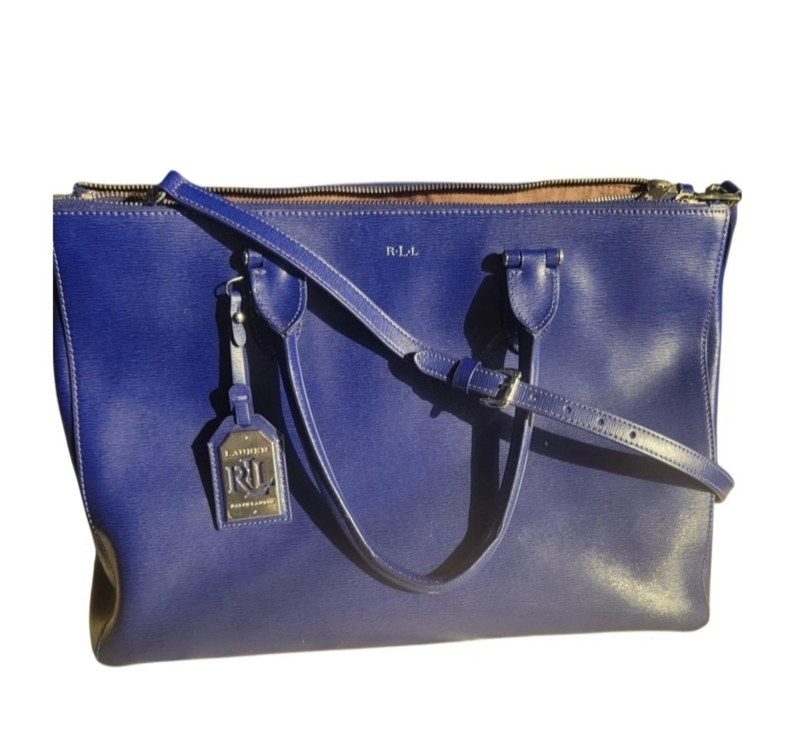 Ralph Lauren Newbury Double Zip Purse Satchel Bag Tote Blue Large W/ Accessories