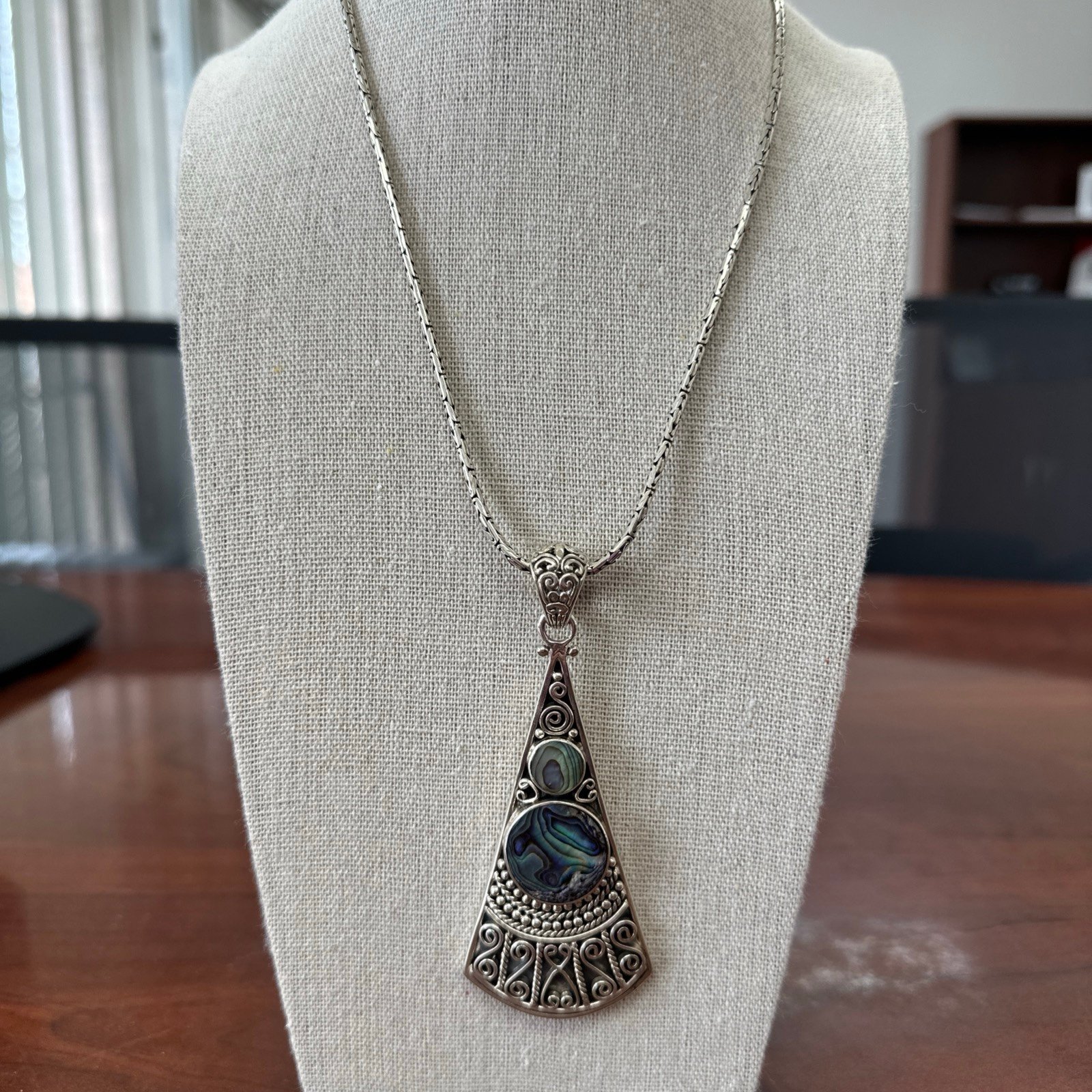 Vintage Large 925 Sterling Silver Abalone Paua Shell Pendant And Chain