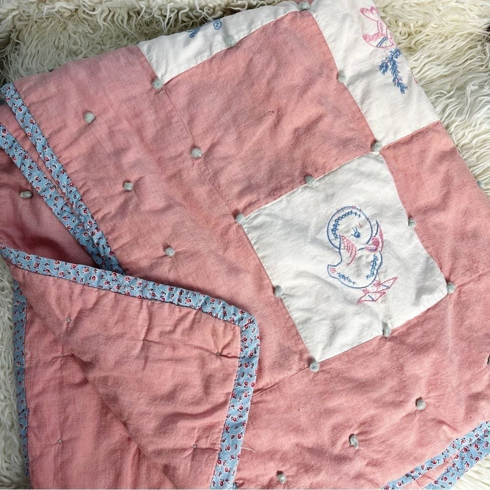 Vintage Hand Sewn Baby Blanket Quilt Cross-stitch Embroidered Pink & Blue
