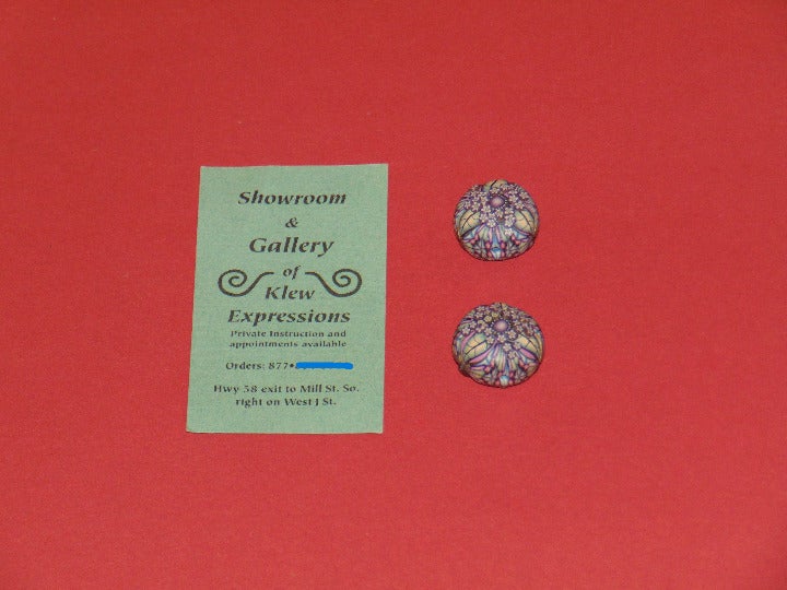 Klew Round Bead Pair 22mm Multi Cane Artisan Polymer Clay By Karen Lewis NOS