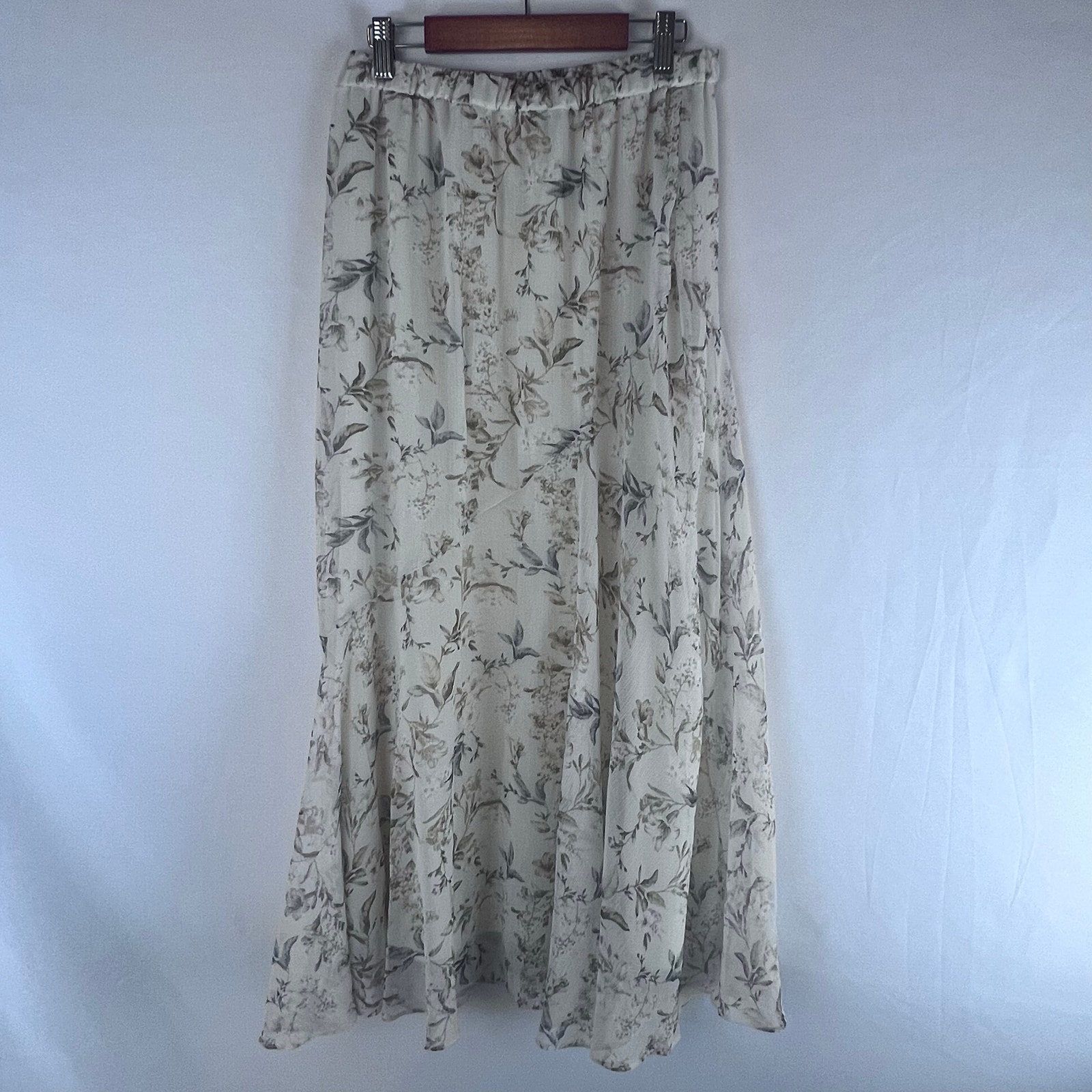 Drew Anthro S Joslyn Neutral Cream Floral Chiffon Long Midi Maxi Length Skirt