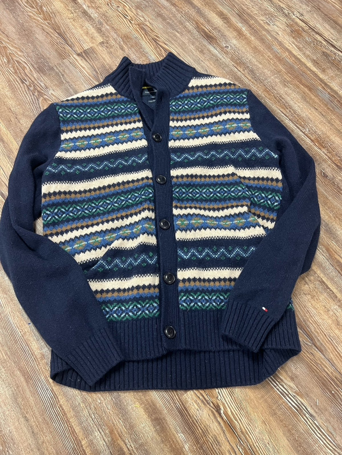 Y2K Navy Tommy Hilfiger lambswool sweater with yellow and blue details