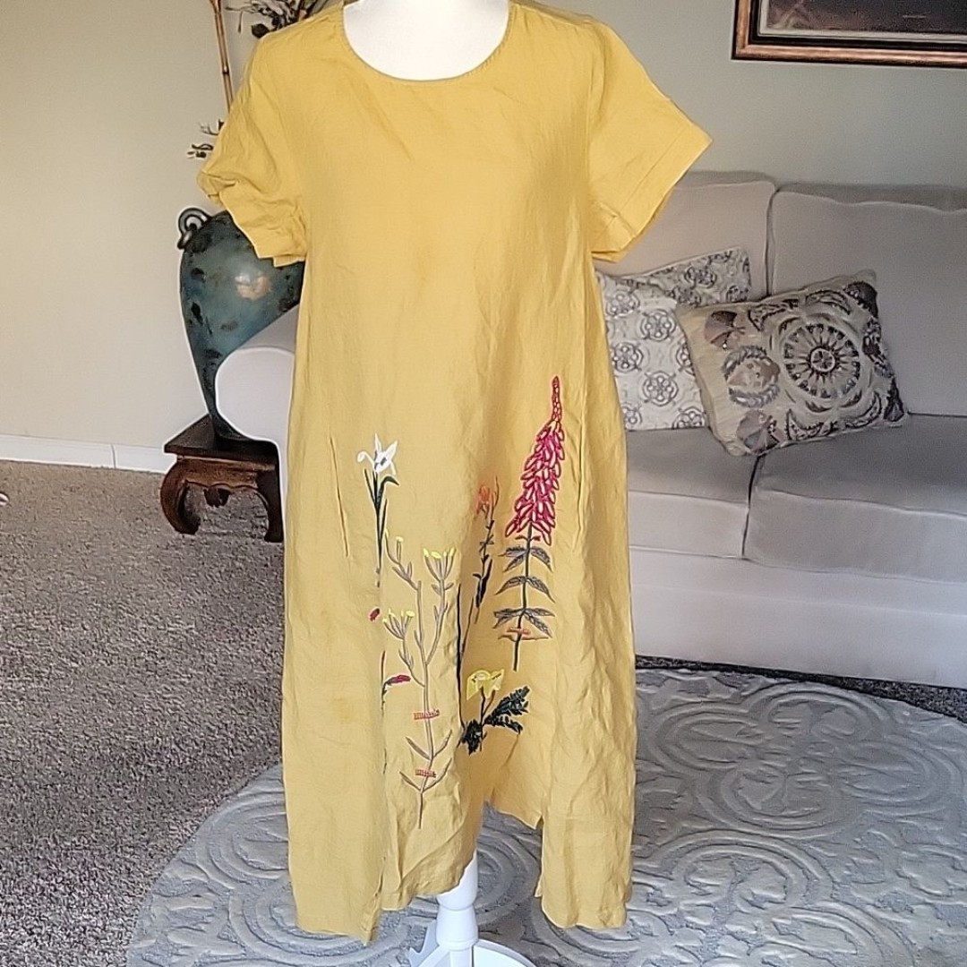 Minibee Embroidered Linen Midi Dress Size M