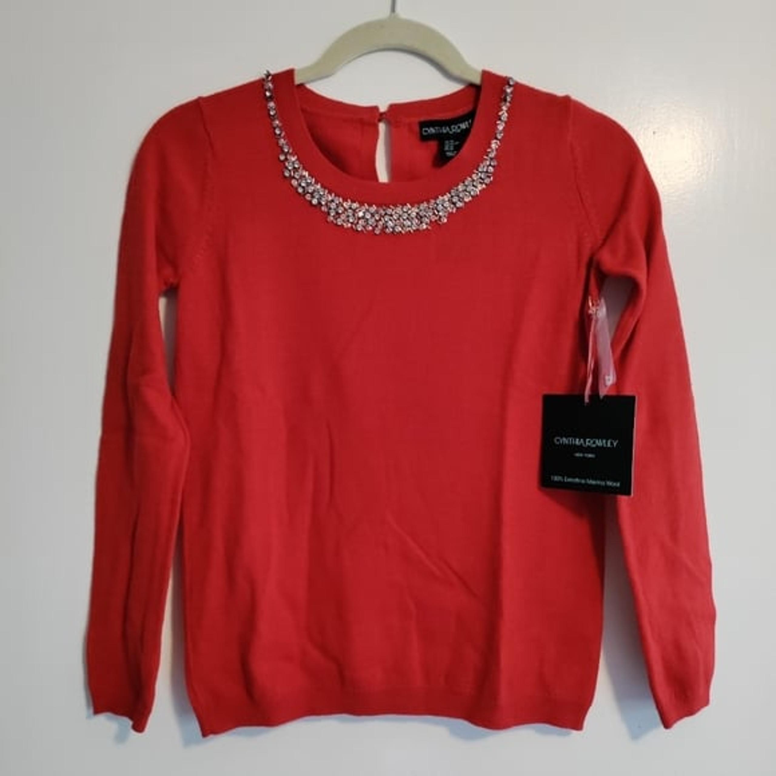 Cynthia Rowley red sweater extrafine merino wool silver gemstones XS NWT
