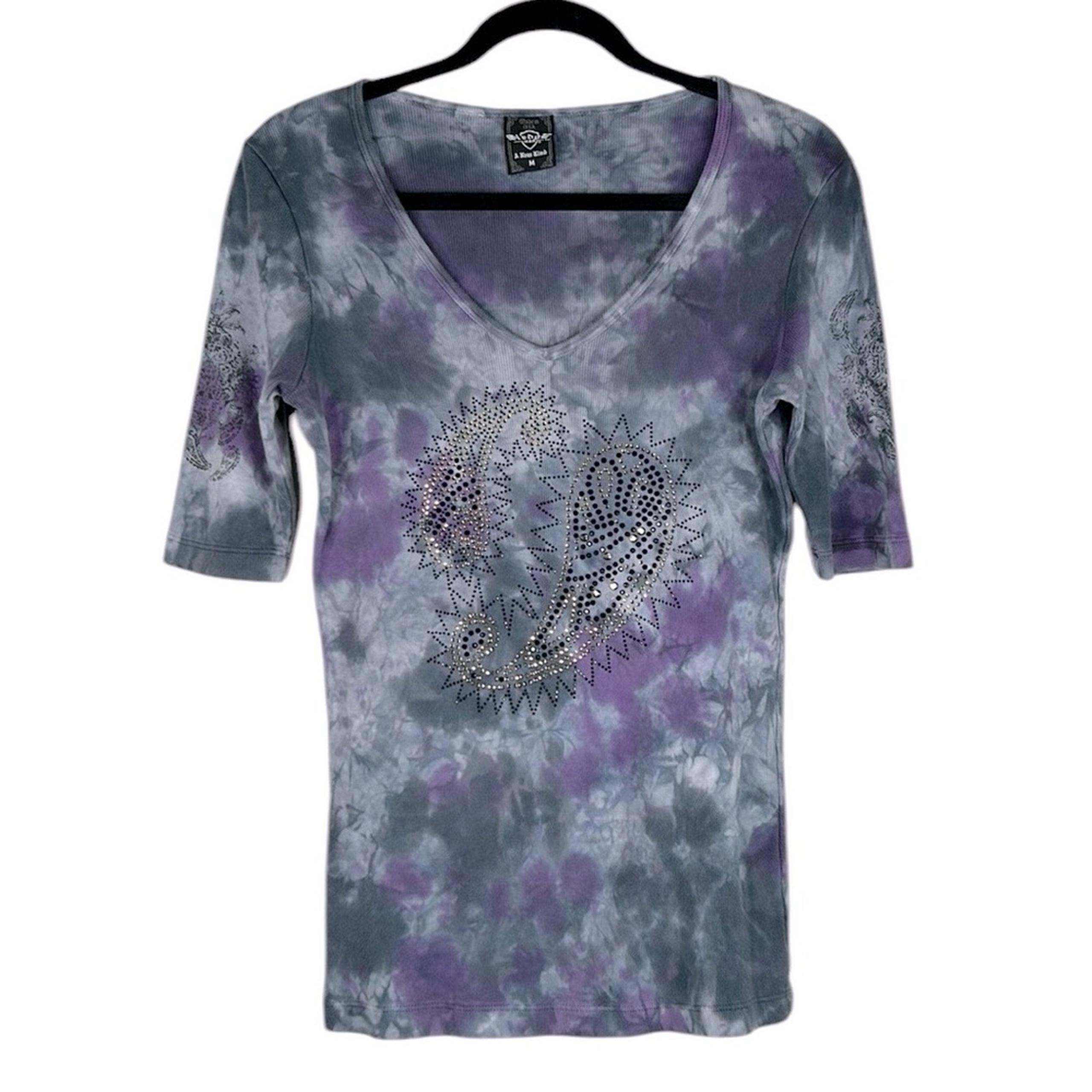 Sledge USA Tie Dye 90's Y2K Beaded Paisley Goth Ribbed V-Neck Top Size Medium
