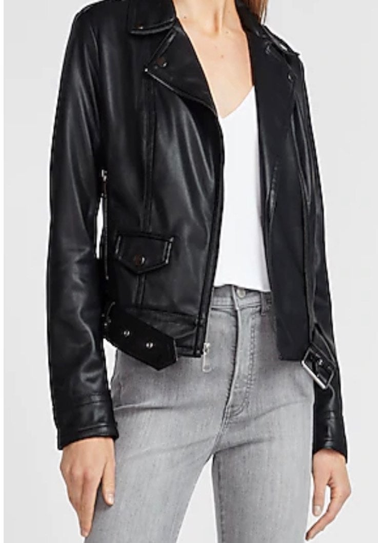 Faux Leather Belted Moto Jacket ( Size: S)