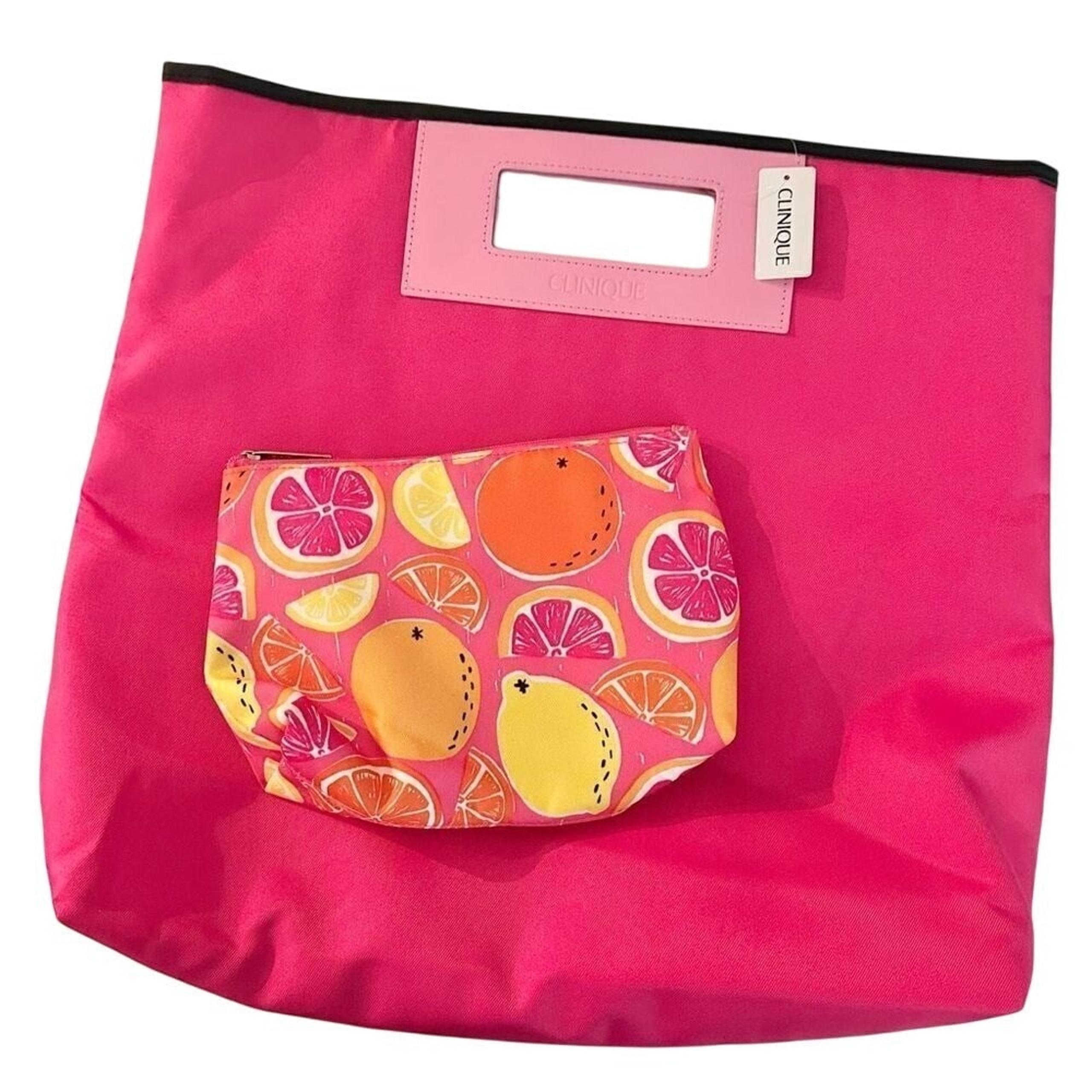 Clinique 2-Piece Large Shopping Tote & Zippered Makeup Bag Women's Hot Pink NWT