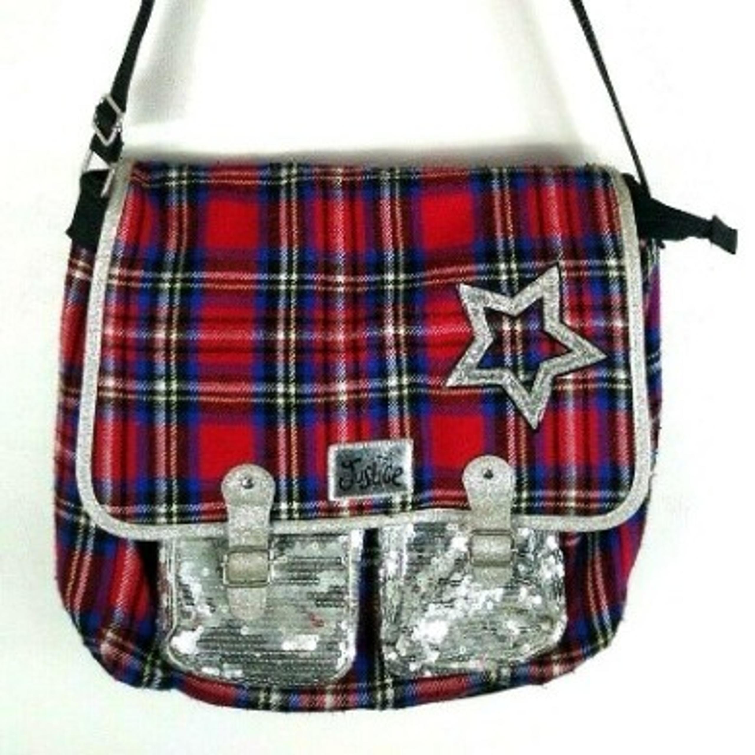 Justice Messenger Satchel Bag Crossbody Plaid Silver Glitter Multi Pocket