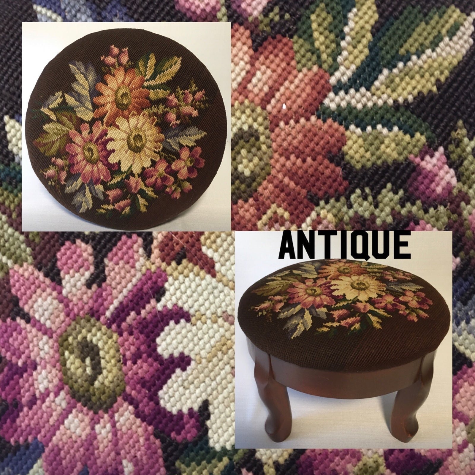 Antique Vintage Victorian Crewel Needlework Floral Roses Round Footstool