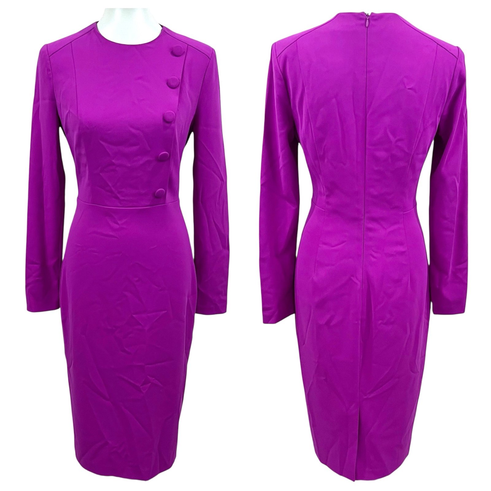 Badgley Mischka Odessa Asymmetrical Button Crepe Midi Dress Magenta Fuchsia