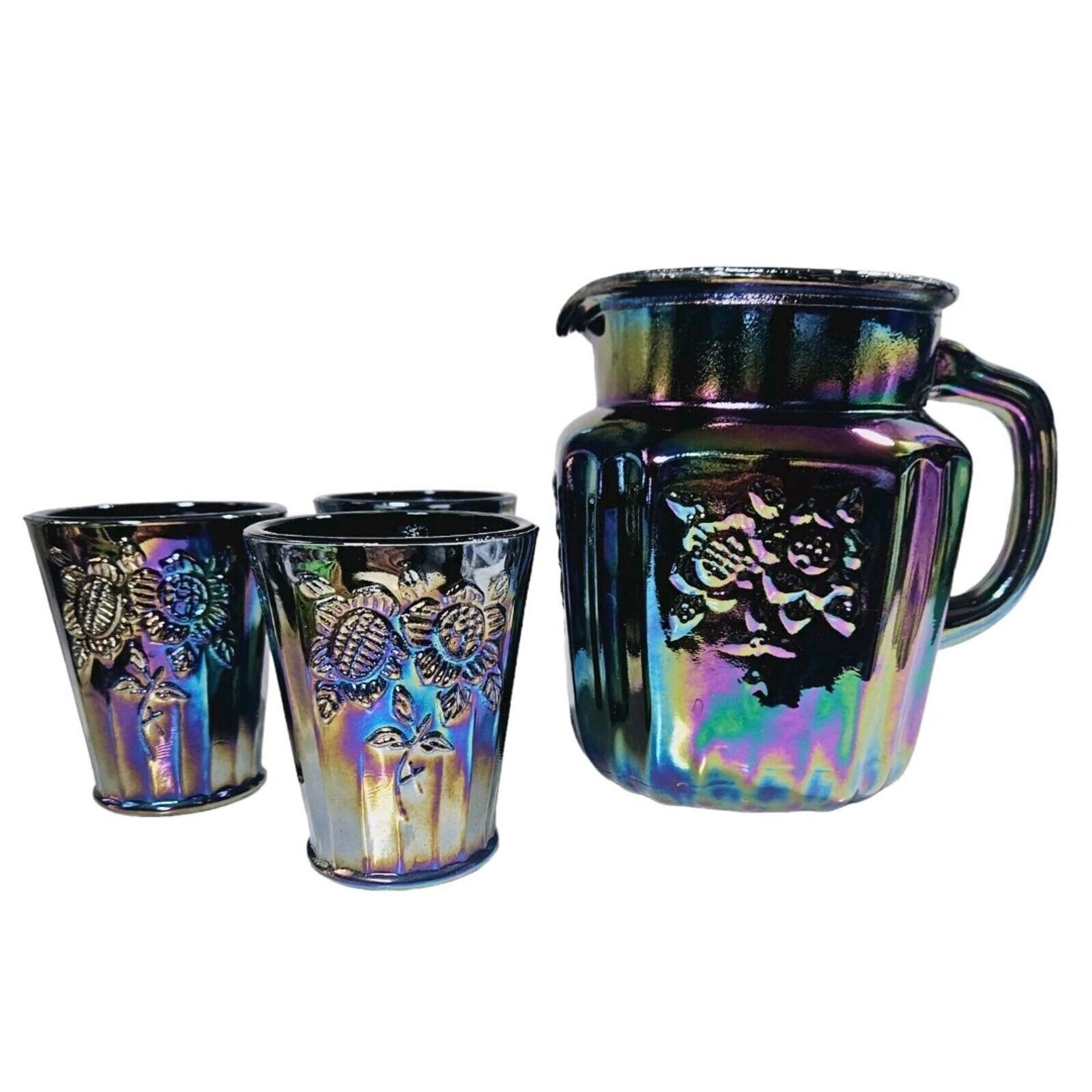 Vtg Mayfair Open Rose Pitcher Amethyst Carnival Glass & 3 Drinking Cups Set