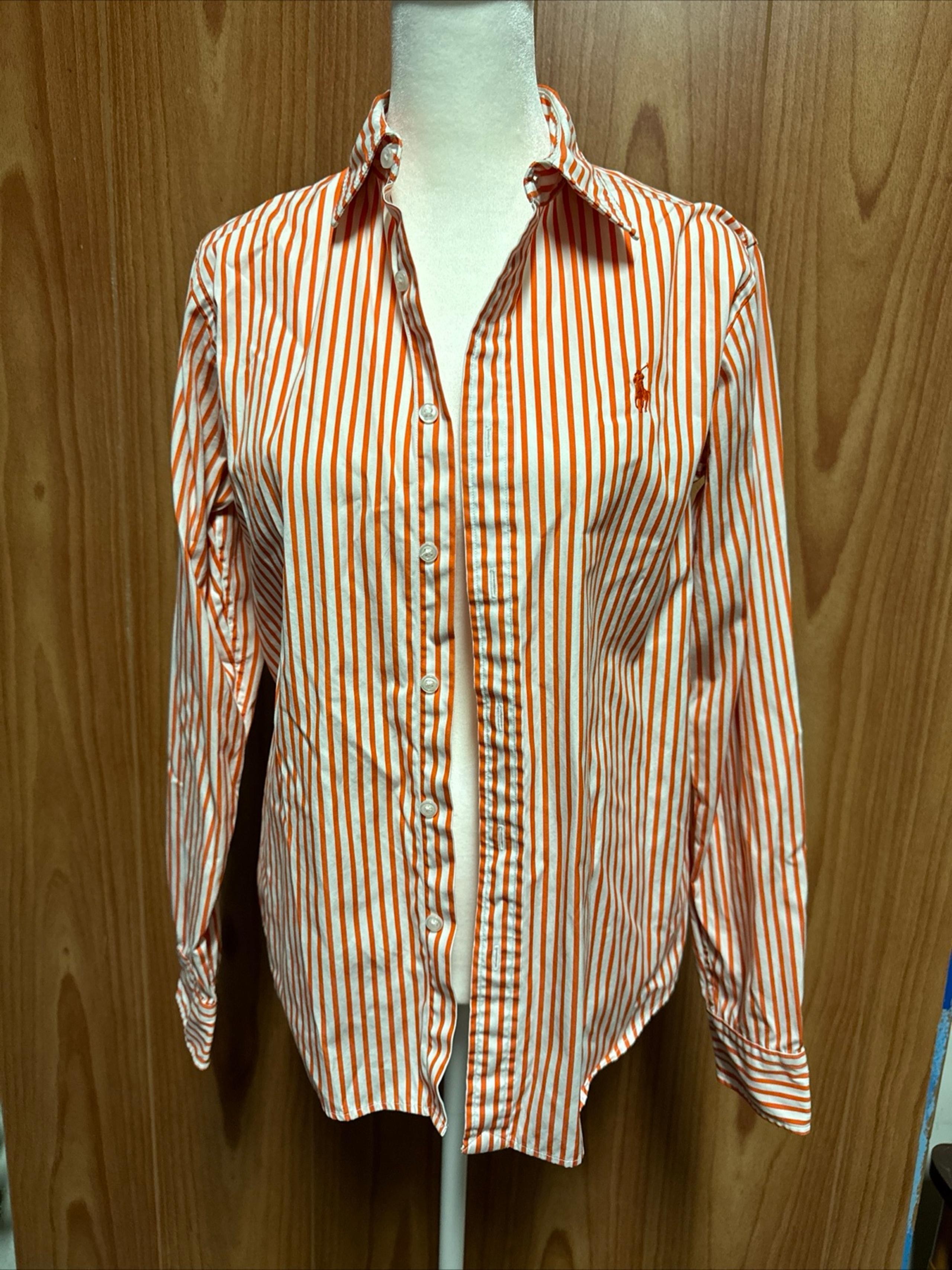 Ralph Lauren Sport Orange White Stripe Long Sleeve Button Down Shirt Women's 10