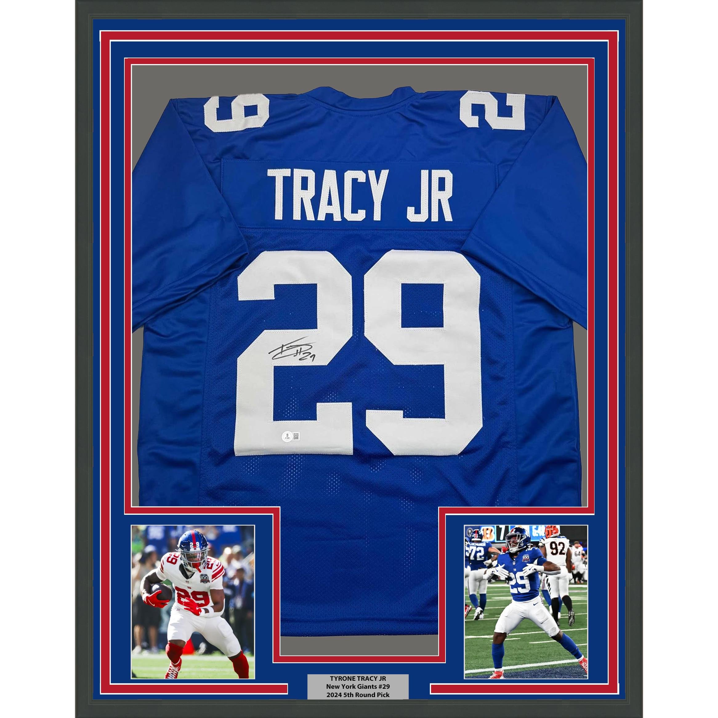 Framed Autographed/Signed Tyrone Tracy Jr. 35x39 New York Blue Jersey Beckett B