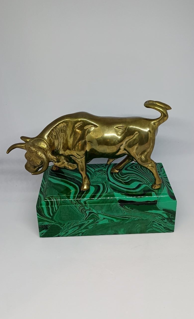 Vintage MCM Brass Bull On Faux Malachite Stand