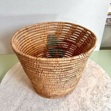 Vintage Handmade Native American Hand Woven Large Basket Tan with Print on Insid