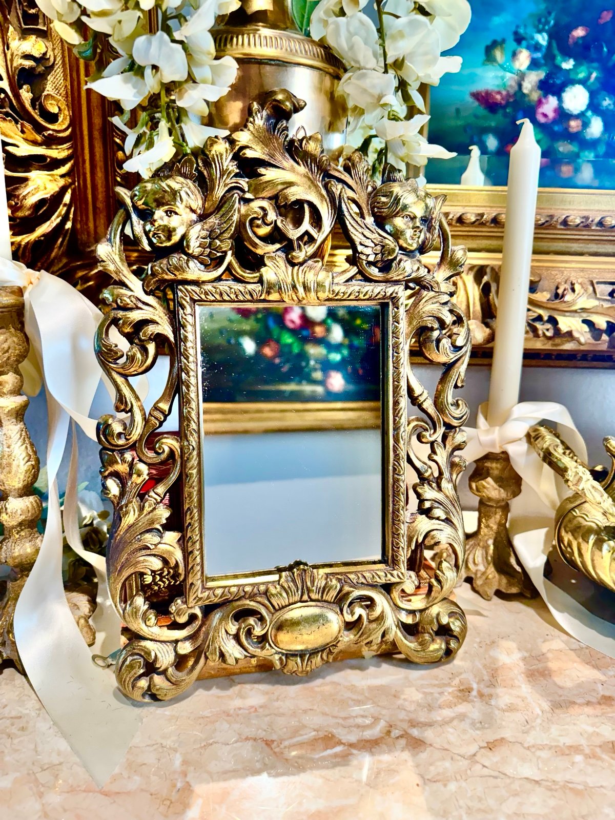 Beautiful antique heavy Ornate Victorian brass mirror
