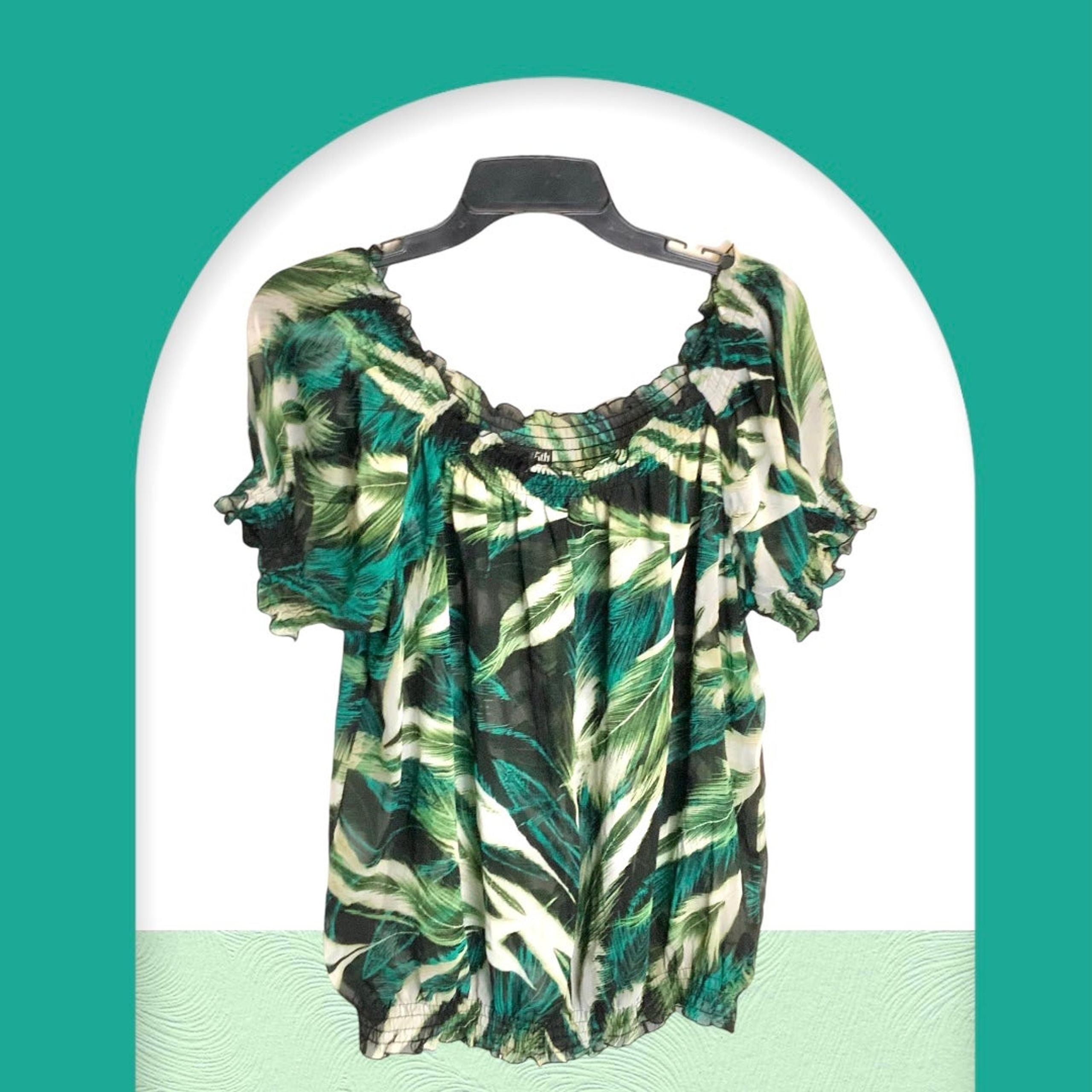 East 5th Greens, White, Black Sheer Blouse w Feathers or Leaves Wm L