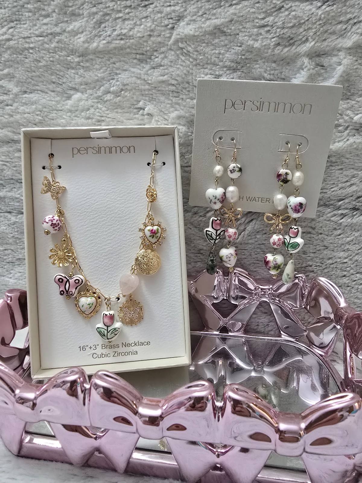 Charm Necklace and Bow Floral Earrings