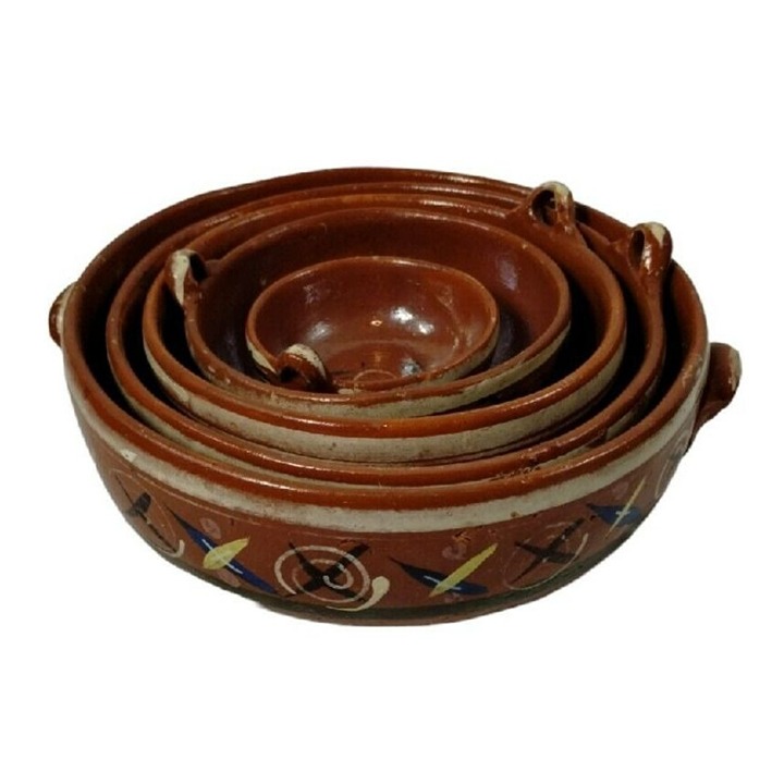 Mexican Pottery 5 Piece Set Red Clay Nesting Bowl Handle Serving Mixing Vintage