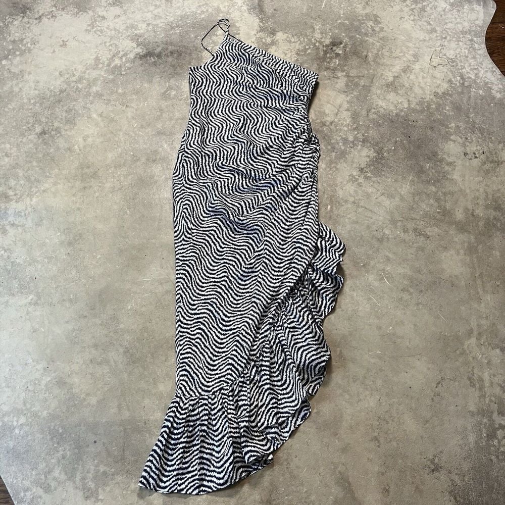 Cinq à Sept Dress Womens 4 Christel Printed Silk One-Shoulder Midi Ivory Navy