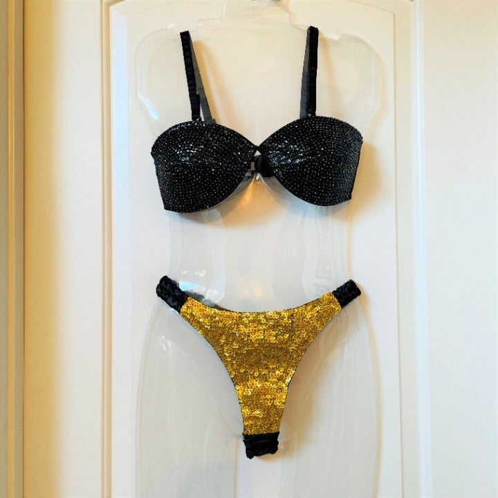 Vintage Black & Gold Sequin Bra Set, L