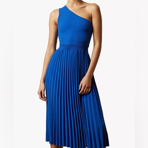 Ted Baker Miriam mixed knit ribbed one shoulder pleated dress NWT