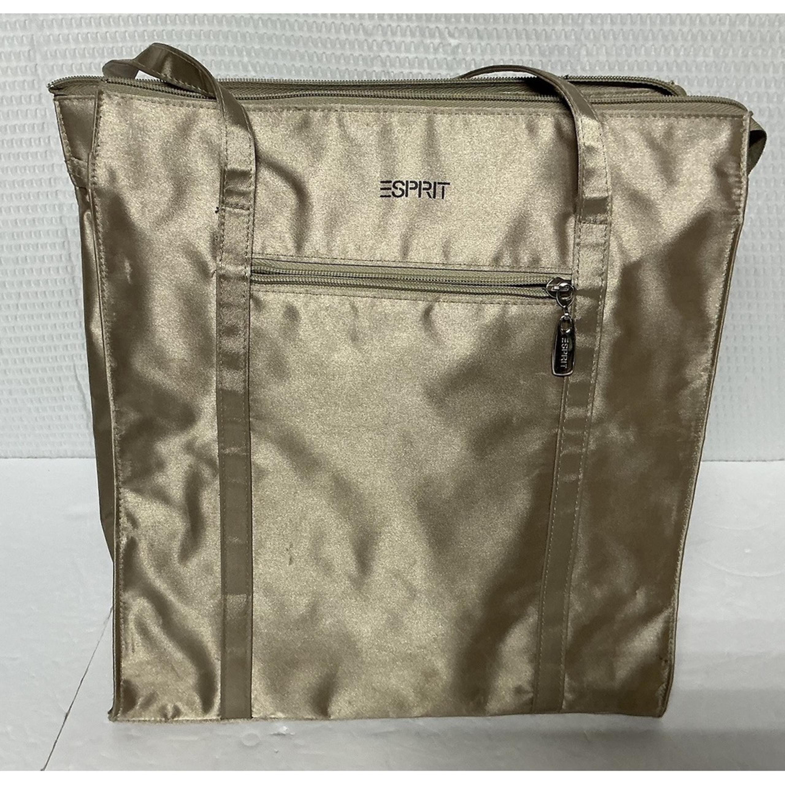 Vtg ESPRIT Double Handle Nylon Shoulder Bag/Purse Gold Zip Closure 2 Zip Pockets
