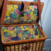 Vintage Pinic Basket with Leather Strap and Floral Liner. Wine Bottle Slot