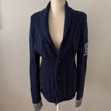 Hilfiger Denim Blue Chunky Knit Fisherman Cardigan Sweater Size Medium