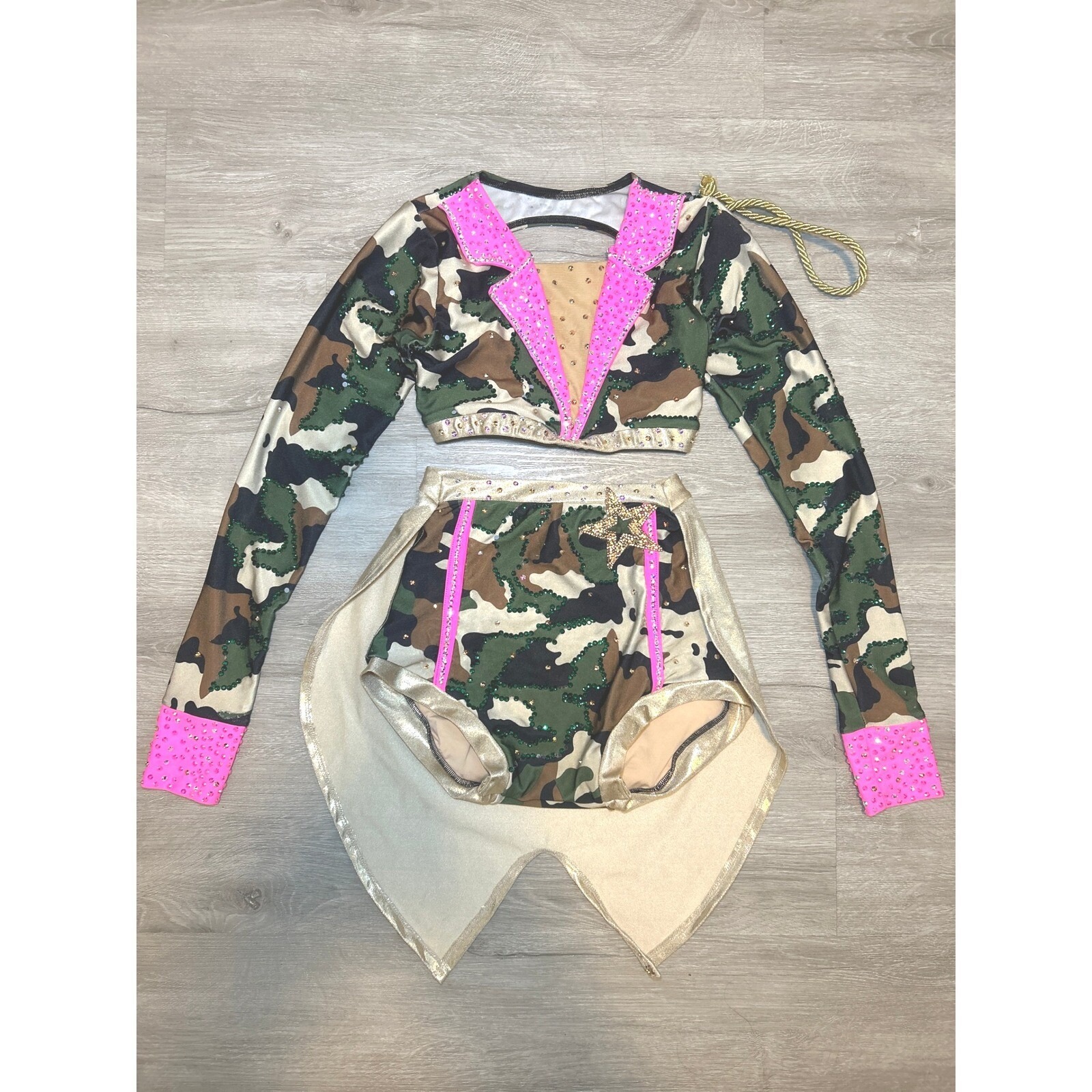 Pink Gold Camo Girl's Dance Outfit 2 Piece Nautical Recital Pageant Gymnastics S