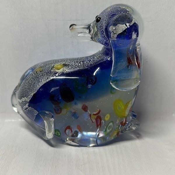 Vintage Art Glass Hand Blown Dog Figure Millefiori Cobalt Blue Multicolor Heavy