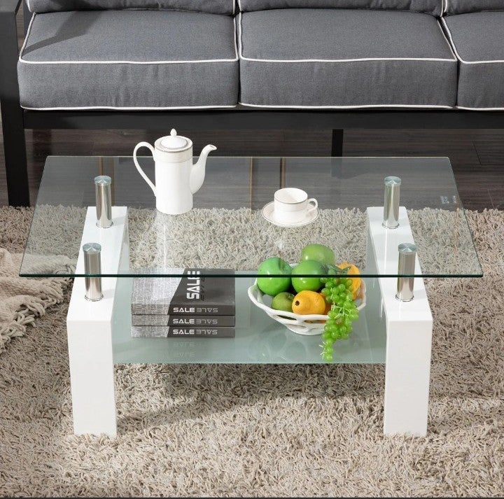 Modern Rectangle Glass Cocktail Coffee Table on sale Shelf Living Room Furniture (White)