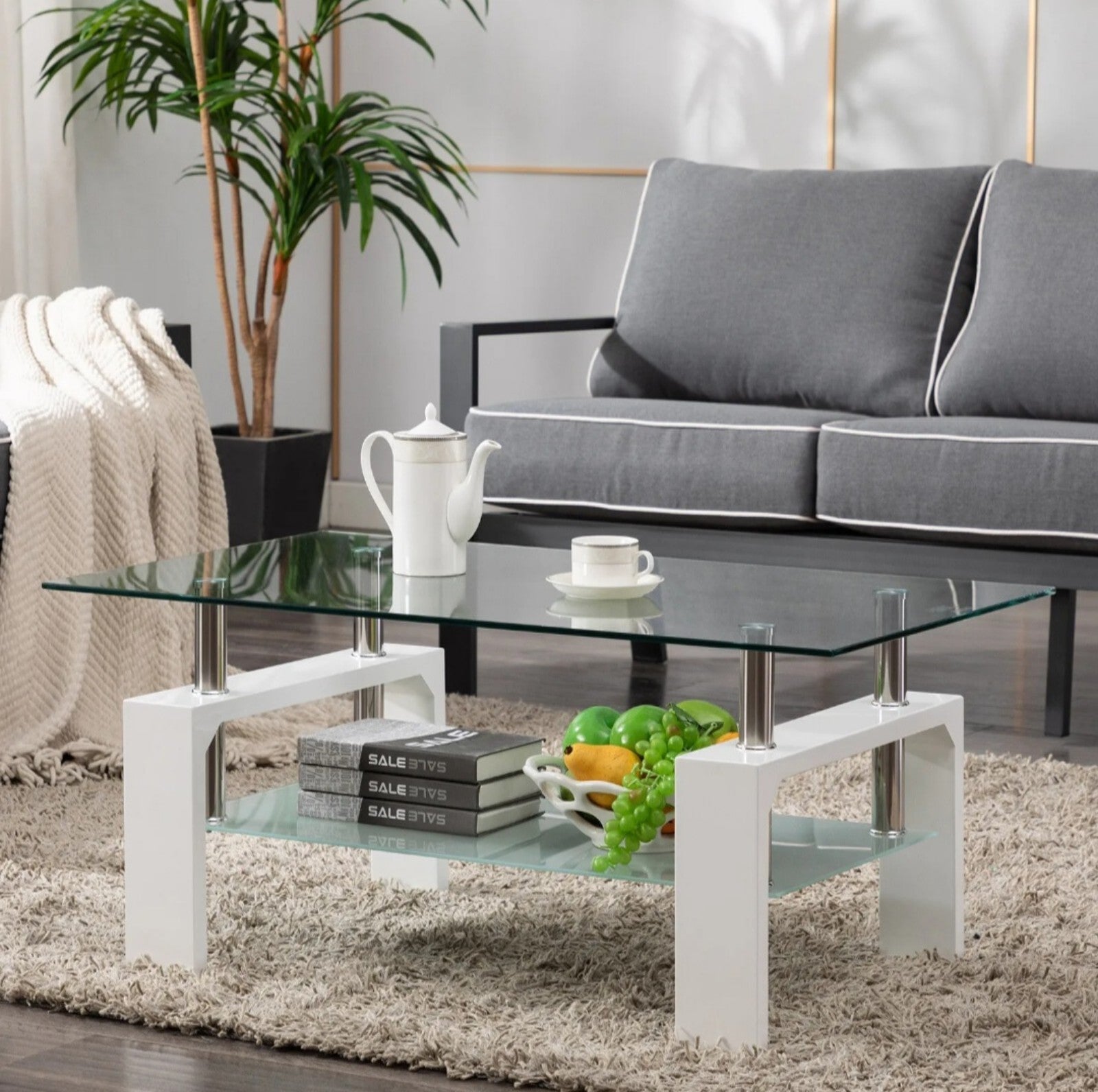 Modern Rectangle Glass Cocktail Coffee Table on sale Shelf Living Room Furniture (White)