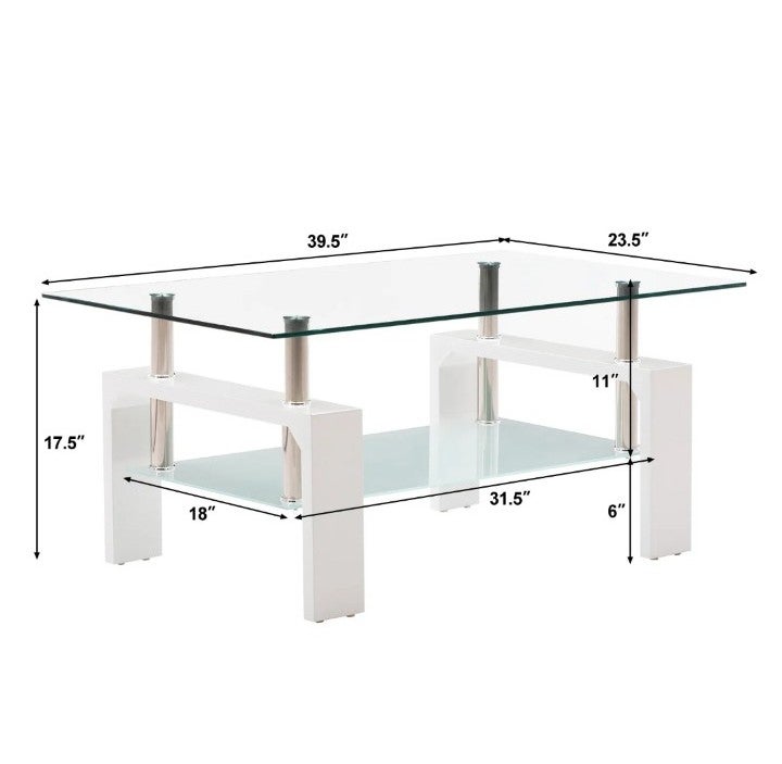 Modern Rectangle Glass Cocktail Coffee Table on sale Shelf Living Room Furniture (White)