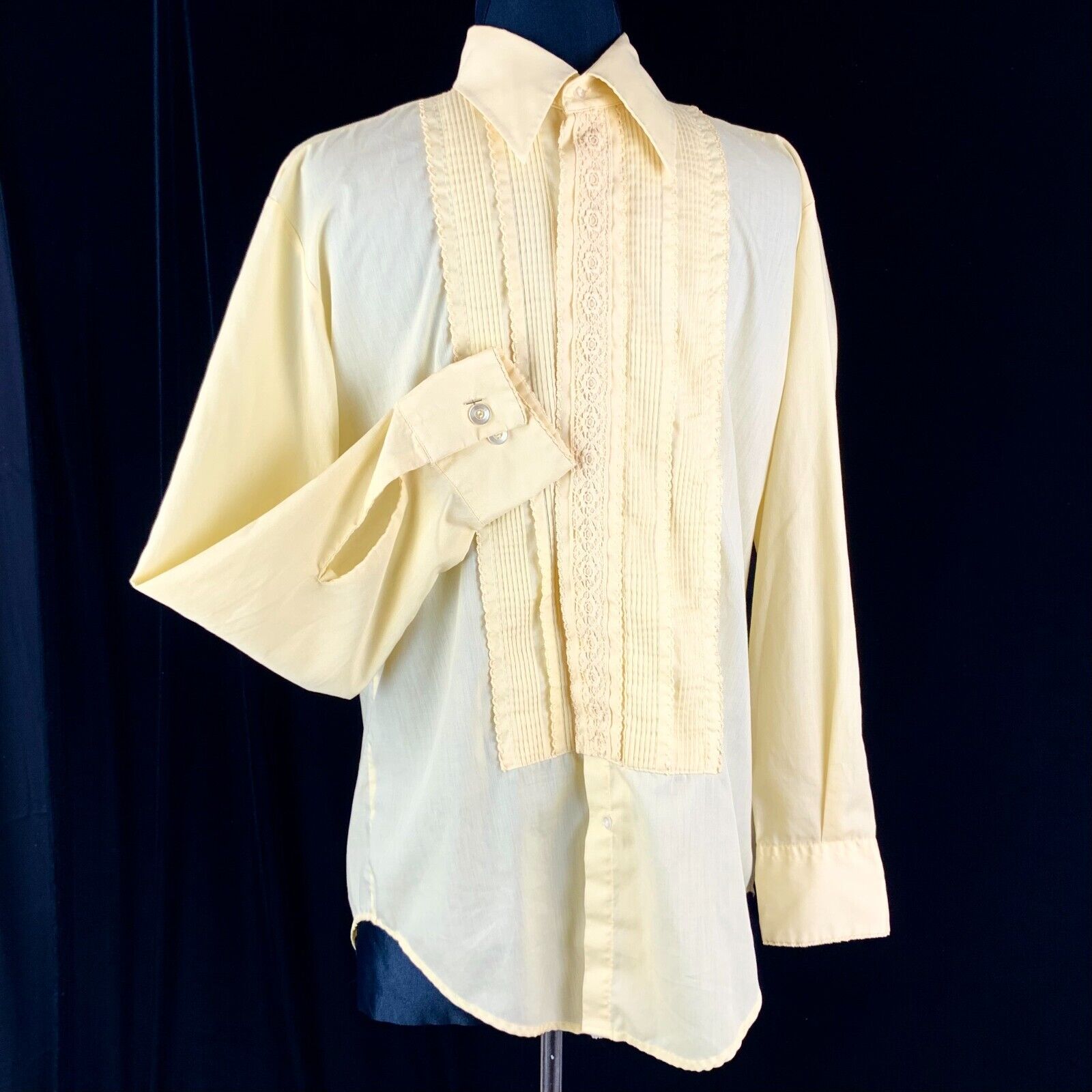 After Six 1970s Formal Tux Shirt L-XL Disco Lt Yellow Long Sleeve Frilly Front