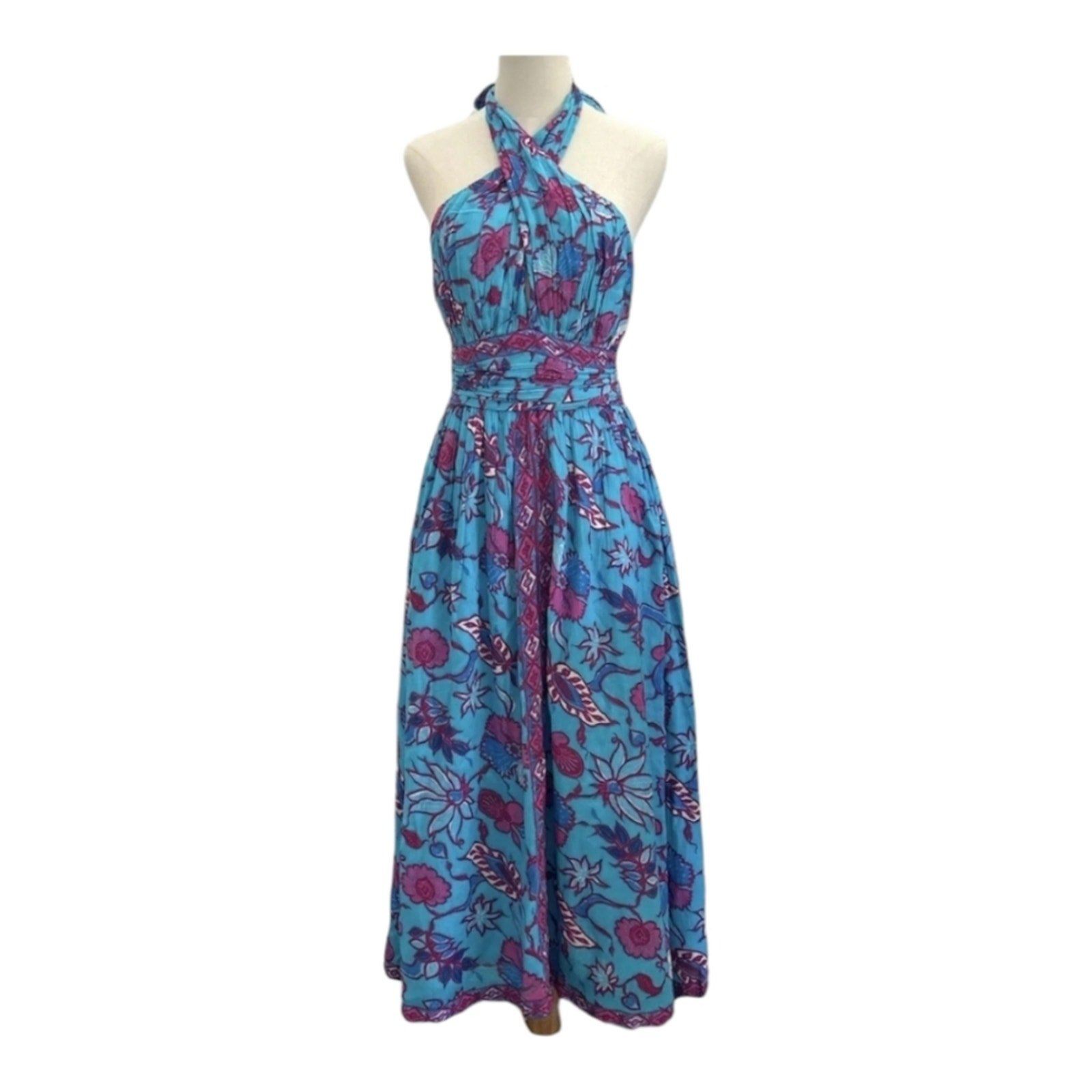 CAROLINA CONSTAS Criss Cross Halter Fit-N-Flare Smocked Maxi Dress Turquoise XS