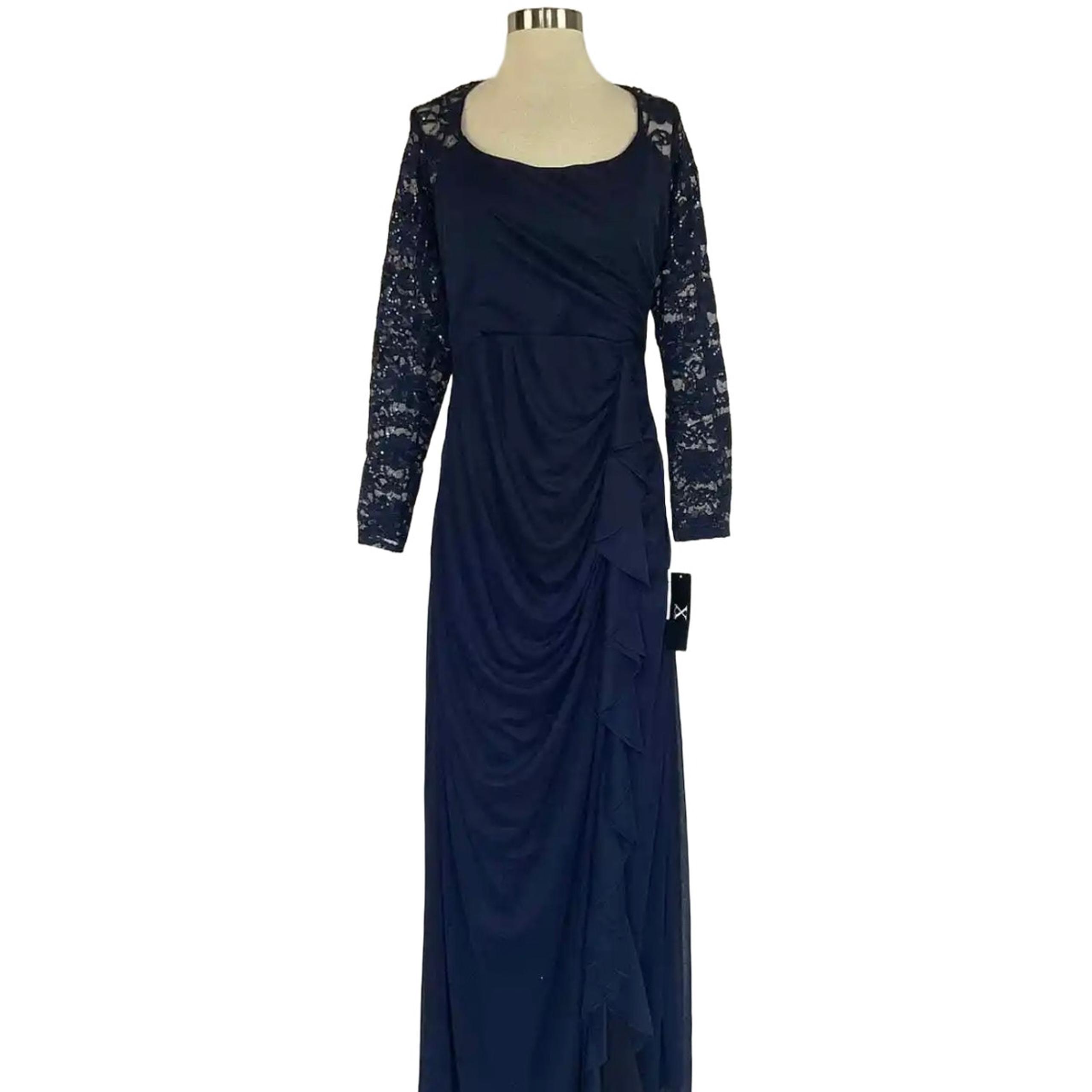 XSCAPE Women's Formal Dress Size 6 Blue Sequined Lace Long Sleeve Evening Gown