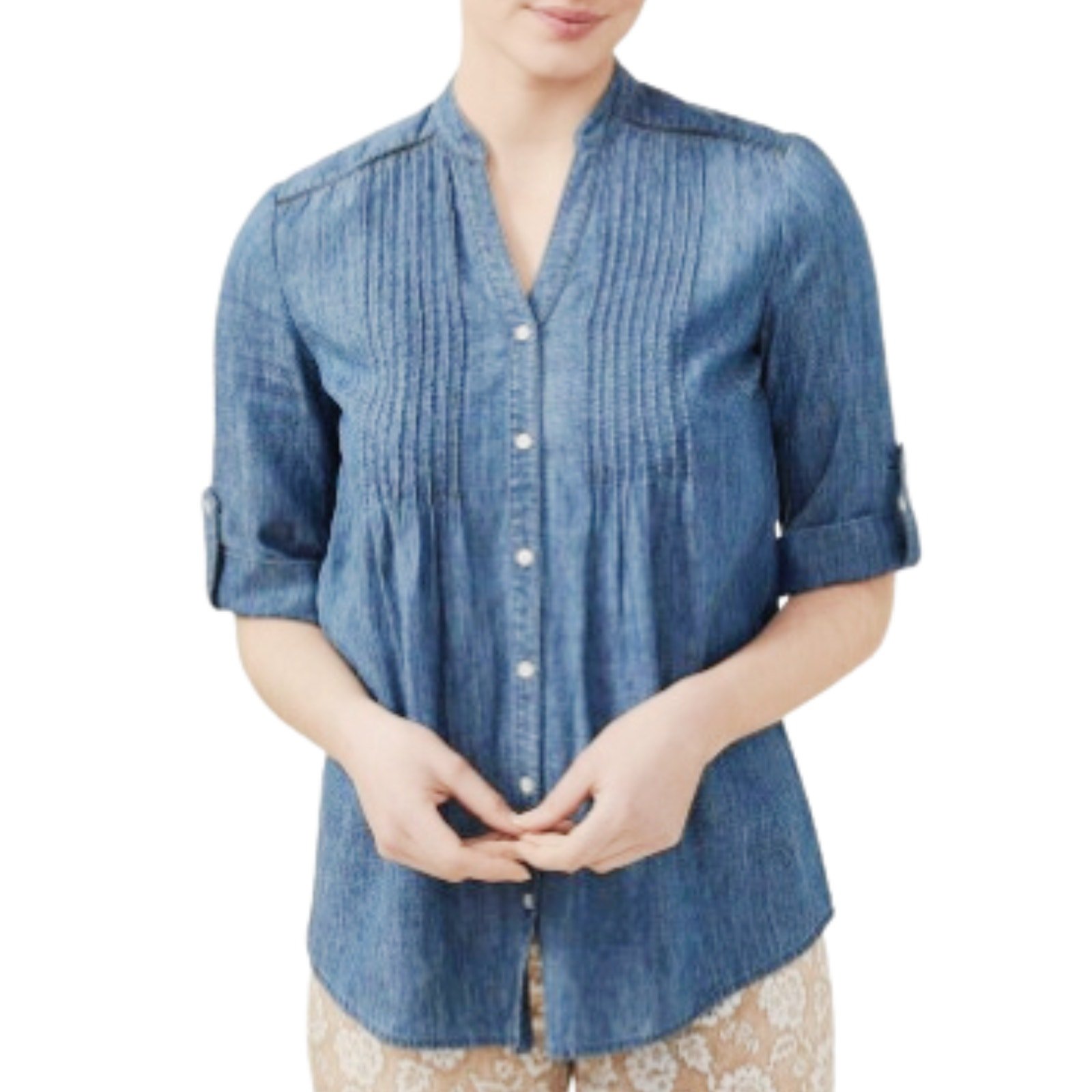 J.MCLAUGHLIN Blue Chambray Riviera Linen Blend Blouse Pintuck Women's Medium